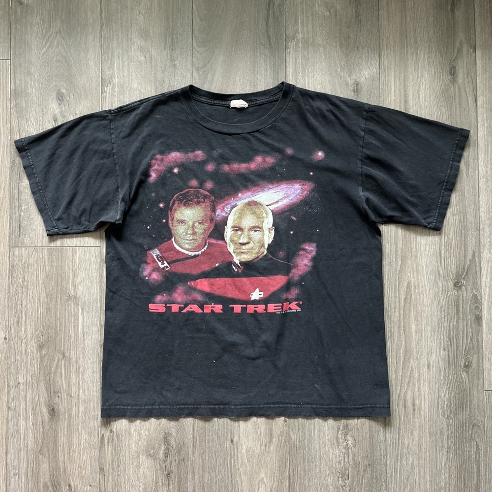 VTG Star Trek 1994 Mens L T Shirt Generations Black Short Sleeve Kirk Picard